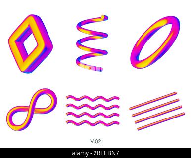 Rendering realistico 3D delle figure geometriche. Oggetti di design vividi e iridiscenti. Forme decorative vettoriali luminose. Spirale, linee ondulate, anello, toro, infinito Illustrazione Vettoriale