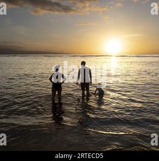 Vista ripresa da dietro di una silhouette di una famiglia in piedi nell'acqua al crepuscolo, godendosi la natura Foto Stock