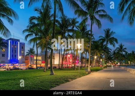 Vista notturna di South Miami Beach in Ocean Drive, Miami Beach, Florida. Foto Stock