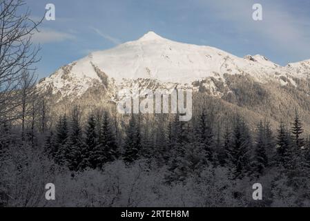 McGinnis Mountain al mattino presto dopo una neve fresca; Juneau, Alaska, Stati Uniti d'America Foto Stock