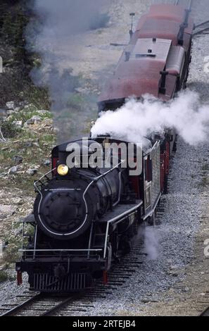 Locomotiva a vapore e auto della ferrovia di White Pass e Yukon; Klondike, Alaska, Stati Uniti d'America Foto Stock