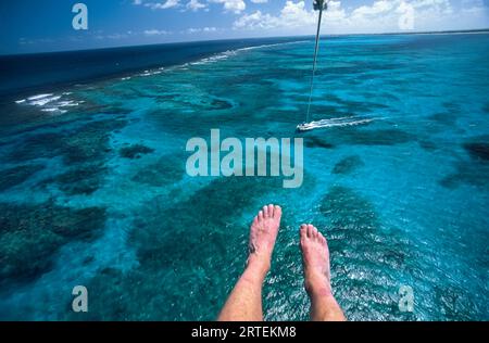 Gambe e piedi dell'uomo sospesi sopra una barriera corallina nei Caraibi mentre parapendio; isole Turks e Caicos, Indie occidentali Foto Stock