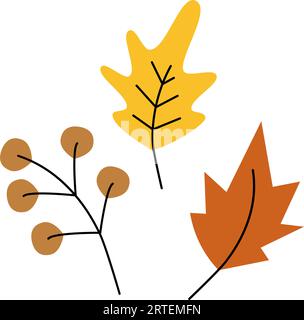 Set di 3 elementi di design, tra foglie autunnali e ramoscelli, nelle tonalità di tendenza della stagione. Ciao autunno. Isolare. Vettore. EPS. Adatto per poster, banner, brochure, biglietti di auguri o biglietti di invito, prezzo, etichetta o Web Illustrazione Vettoriale