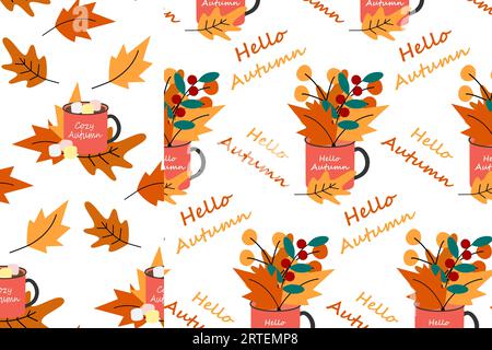 Set di 2 tazze autunnali senza cuciture con bouquet di foglie secche, rami stagionali con bacche. Design vettoriale per confezionamento, poster, biglietti di auguri o biglietti di invito, prezzo, etichetta, sfondo o Web Illustrazione Vettoriale