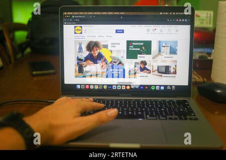 Un ragazzo guarda le offerte del supermercato Lidl sul suo computer mentre il prezzo dei prodotti nei supermercati online spagnoli aumenta di quasi il 12% ad agosto. (Foto di Alberto Brevers/Pacific Press) Credit: Pacific Press Media Production Corp./Alamy Live News Foto Stock