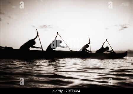 Hawaii, da Molokai a Oahu Canoe Race, Paddlers al tramonto (foto in bianco e nero). Foto Stock