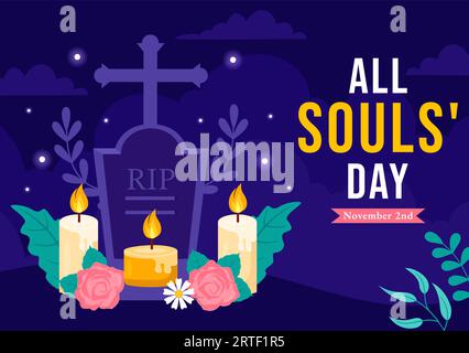 All Souls Day Vector Illustration per commemorare tutti i credenti deceduti nella religione cristiana con Candles in Flat Cartoon background Design Illustrazione Vettoriale