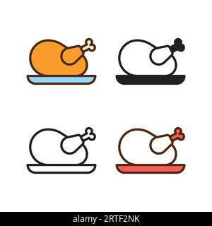 icona di pollo fritto in 4 stili: piatto, glifo, contorno, duotone Illustrazione Vettoriale