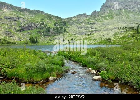 Un piccolo torrente esce da un ampio lago di montagna attraverso una radura ricoperta di erba alta in estate. Marble Lake, Ergaki Nature Park, Krasnoyarsk Foto Stock