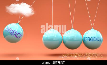 La sinergia porta all'efficienza. Una metafora in cui Synergy dà il potere di impostare l'efficienza in movimento. Relazione causa-effetto tra loro.,illustrazione 3d. Foto Stock