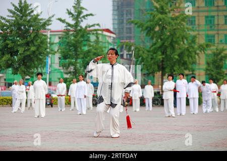 Contea di Luannan - 19 maggio 2019: Chinese Tai chi Sword Performing in Square, contea di Luannan, provincia di Hebei, Cina Foto Stock