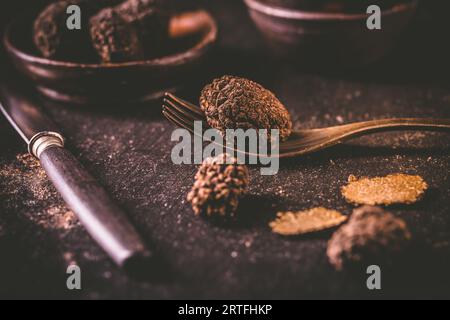 I funghi buongustai al tartufo nero sul tavolo da cucina sono costosi Foto Stock