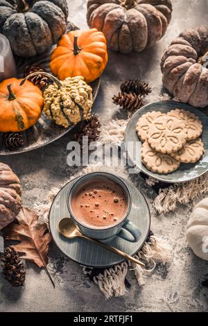 Cioccolata Chai o cacao caldo con biscotti chai e zucche per la colazione del giorno del Ringraziamento. Accogliente natura morta autunnale, hygge. Foto Stock