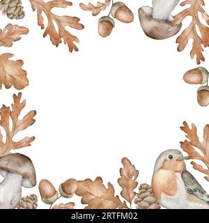 Cornice quadrata cascata. Disegno a mano di boschi botanici con cono di pino, foglie, funghi e ghianda per adesivi da parete, poster, invito Foto Stock