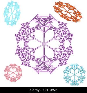 Fiocco di neve triangolare su sfondo bianco. Cerchio astratto, fiocco di neve da triangoli. Splendido set di colorazioni, fantasie, rosa, rosso, blu, pur Illustrazione Vettoriale