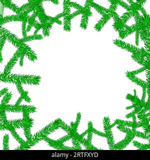 Splendida cornice natalizia naturale con rami di abete di conifere verdi con aghi per il nuovo anno isolati su sfondo bianco. Illustrazione Vettoriale