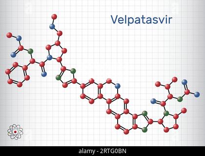 Molecola di Velpatasvir. È un inibitore dell'NS5A usato nel trattamento delle infezioni croniche da epatite C. Formula chimica strutturale e modello molecolare. Foglio di nastro Illustrazione Vettoriale