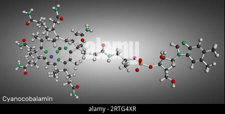 Cianocobalamina, molecola di cobalamina. È una forma di vitamina B12. Modello molecolare. Rendering 3D. Illustrazione Foto Stock