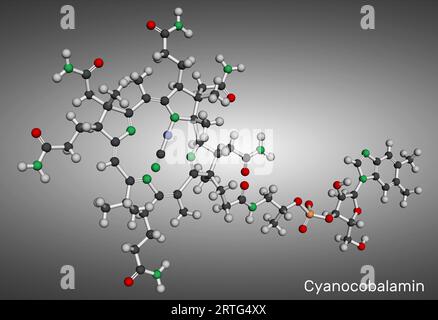Cianocobalamina, molecola di cobalamina. È una forma di vitamina B12. Modello molecolare. Rendering 3D. Illustrazione Foto Stock