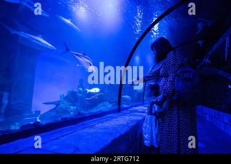 Madre con figlia che guarda i pesci nell'oceanarium. Foto Stock