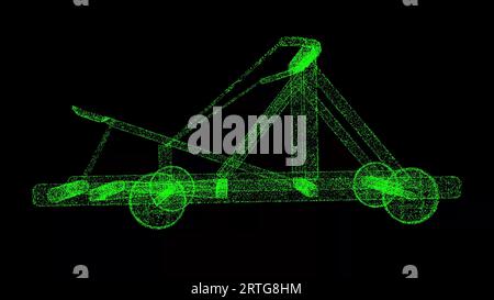 Antica catapulta 3D su sfondo nero. Concetto militare storico. Sfondo pubblicitario aziendale. Per titolo, testo, presentazione. animazione 3d. Foto Stock