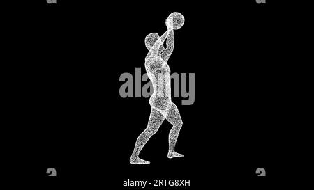 Uomo 3D che gioca a basket su sfondo nero. Concetto di sport e competizioni. Stile di vita attivo, pallavolo. Sfondo pubblicitario aziendale. Per il titolo Foto Stock