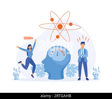 Livello di stress, scala dell'umore. Stanco esausto sovraccarico di lavoro e felice, depresso e malattia mentale. illustrazione moderna a vettore piatto Illustrazione Vettoriale