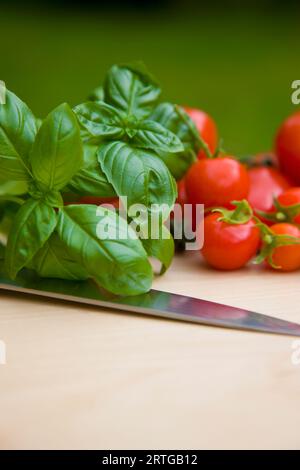 Close up di pomodori ciliegia foglie di basilico e la lama di un coltello Foto Stock