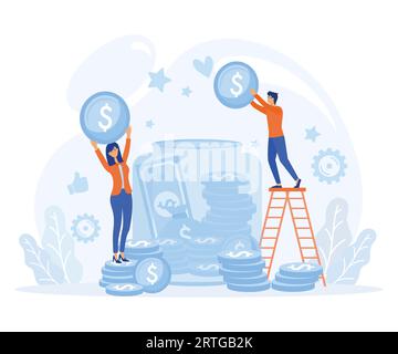 investimenti, banche, concetto. Le coppie di famiglie risparmiano. Uomo e donna inseriscono contanti nel vaso di vetro, illustrazione moderna a vettoriale piatta Illustrazione Vettoriale