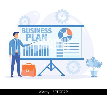 Pianificazione aziendale strategica, uomo d'affari davanti a un grande schermo che presenta visione e missione aziendale. illustrazione moderna a vettore piatto Illustrazione Vettoriale