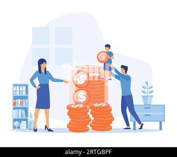 concetto di risparmio economico. Padre e madre insegnano ai bambini a risparmiare denaro. gestione finanziaria. illustrazione moderna a vettore piatto Illustrazione Vettoriale