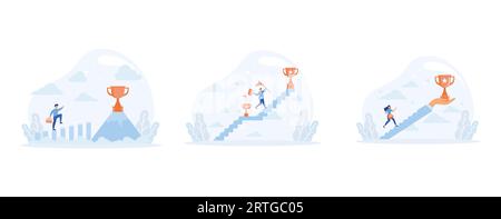 avviare l'attività verso il successo. Sviluppo di sé continuo anche dopo il successo, ispirazione per il successo. impostare l'illustrazione moderna a vettore piatto Illustrazione Vettoriale