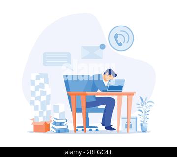 Stress in ufficio. Lavoratore d'ufficio stanco e agitato che stringe la testa tra pile di documenti e documenti. illustrazione moderna a vettore piatto Illustrazione Vettoriale