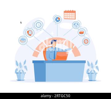 Concetto di multitasking, gestione del tempo e produttività. Uomo d'affari felice con capacità multitasking seduto al suo notebook con le icone dell'ufficio su un backgr Illustrazione Vettoriale