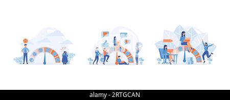 scala dell'umore. Livello di stress, depresso e malattia mentale. Misuratore di soddisfazione del cliente, feedback del cliente. Basso livello di stress, dipendente mentalmente sano. imposta Illustrazione Vettoriale