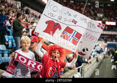 Oslo, Norvegia. 12 settembre 2023. I tifosi di calcio norvegesi hanno visto sulle tribune durante la partita di qualificazione a UEFA Euro 2024 tra Norvegia e Georgia all'Ullevaal Stadion di Oslo. (Foto: Gonzales Photo/Alamy Live News Foto Stock