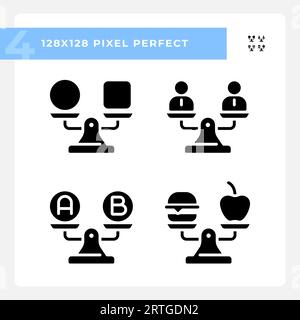 Icone di confronto nero stile glifo perfetto pixel 2D. Illustrazione Vettoriale