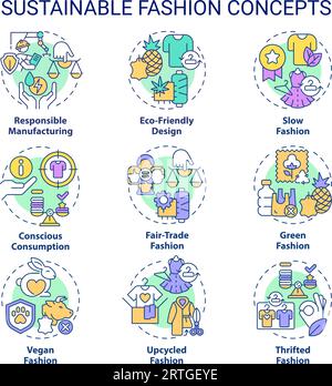 Set di icone a linee colorate modificabili per una moda sostenibile Illustrazione Vettoriale