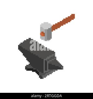 Strumento Blacksmith a 8 bit con pixel art a incudine. Illustrazione del vettore pixel Illustrazione Vettoriale