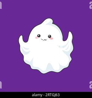 Personaggio fantasma di halloween kawaii dei cartoni animati. Adorabile fantoccio vettoriale in fogli bianchi dal fascino malizioso, allegra con un allegro boo, aggiungendo un tocco di simpatia e simpatia alla stagione spettrale Illustrazione Vettoriale