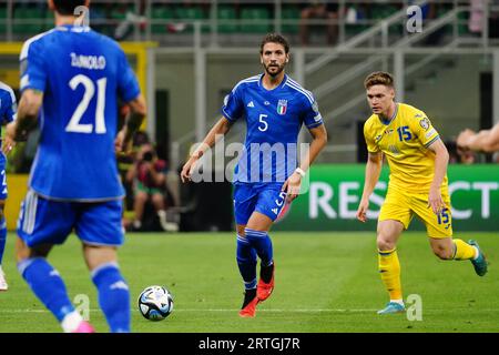 Milano, Italie. 12 settembre 2023. Manuel Locatelli (Italia) durante la partita di calcio del gruppo C tra Italia e Ucraina di UEFA Euro 2024, il 12 settembre 2023 allo stadio San Siro di Milano - foto Morgese-Rossini/DPPI Credit: DPPI Media/Alamy Live News Foto Stock