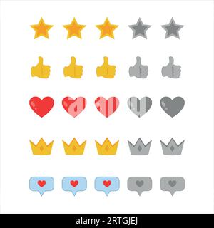 Icone di valutazione. Insieme vettoriale di simboli in stile piatto per valutare la qualità dei prodotti e dei servizi. Stelle, cuori, corone, grandi pollici in alto. Illustrazione Vettoriale