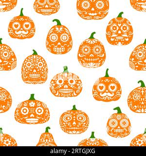 Zucche messicane per la festa di Halloween con motivo senza cuciture. Sfondo di carta avvolgente, motivo vettoriale tessile o sfondo festivo in tessuto con teschio di zucchero messicano di zucca divertente, lanterne Jack o ornate di Halloween Illustrazione Vettoriale