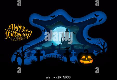 Striscione in carta di Halloween con castello scuro e sagoma del cimitero. La luce della luna illumina le macabre pietre tombali e gli alberi inquietanti, creando l'atmosfera inquietante perfetta per una festa da brivido Illustrazione Vettoriale