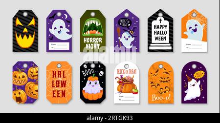 Etichette regalo Halloween, carte ed etichette, mostri horror vettoriali per le vacanze. Carini cartoni animati zucche, fantasmi, caramelle da festa e personaggi con bocca di vampiro, pipistrelli, teschi, cappello da strega e scopa Illustrazione Vettoriale
