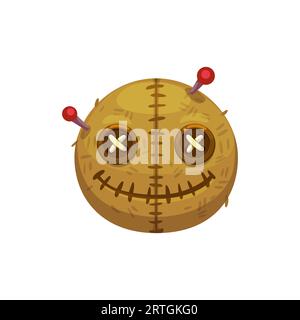 Emoji della bambola voodoo del cartone animato di Halloween che rappresenta un volto di burlap rotondo trafitto di spille, con bocca cucita e occhi cuciti a croce, utilizzato per trasmettere maledizioni, esche o un senso di controllo in modo giocoso Illustrazione Vettoriale