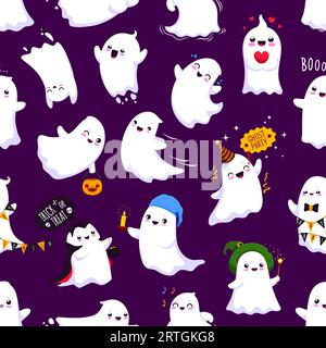 Cartoni animati Halloween kawaii personaggi fantasma motivo senza cuciture, sfondo vettoriale. Modello natalizio di Halloween con simpatici fantasmi e allegri ghoule sorridenti per festeggiare con le candele Illustrazione Vettoriale