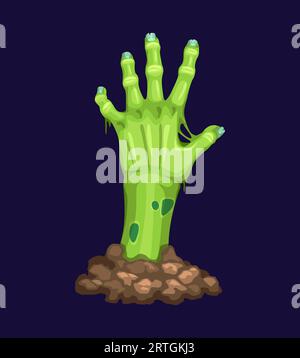 Mano zombie dei cartoni animati per Halloween, braccio mostro morto che arriva dalla tomba, cadavere vettoriale. Le mani degli zombie delle vacanze notturne dell'orrore con pelle verde marcio e ossa sul cimitero malvagio o nel cimitero inquietante Illustrazione Vettoriale
