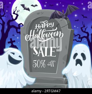 Saldi di Halloween, fantasmi dei cartoni animati su lapide. Annunci vettoriali sfondo per l'offerta di sconti stagionali autunnali. Scheda pubblicitaria con buffi fogli bianchi volanti spiriti nel cimitero notturno con pipistrelli Illustrazione Vettoriale