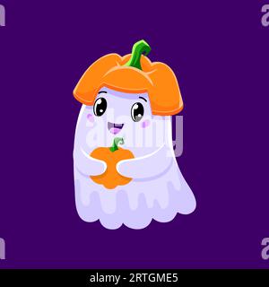 Cartoni animati, il simpatico personaggio fantasma kawaii di Halloween, con cappello di zucca e in mano, aggiunge un tocco affascinante alle vacanze spaventose. L'adorabile e giocoso spettro vettoriale cattura lo spirito della stagione in un modo stravagante Illustrazione Vettoriale